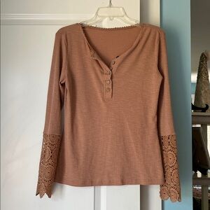 Brown Long Sleeve Top with Lace Cuffs